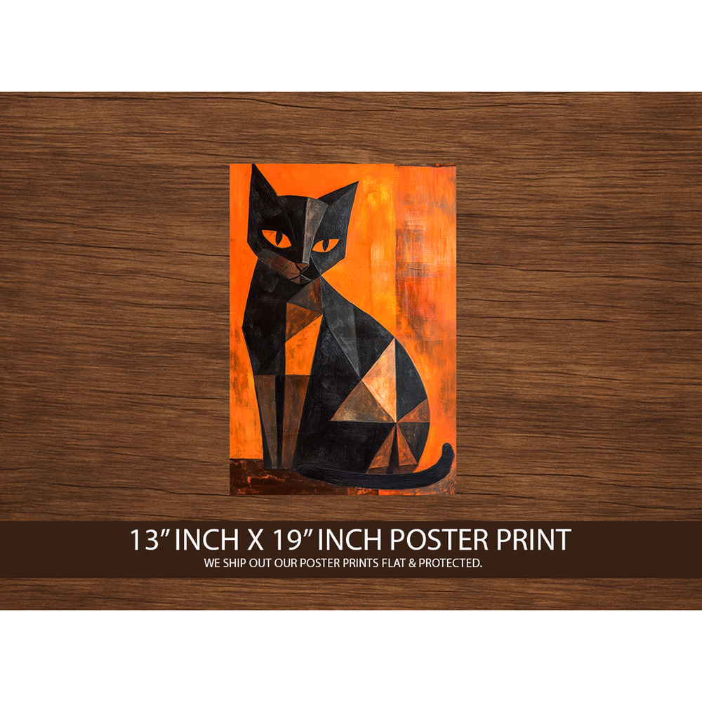 Geometric Black Cat Art Print 13x19 – Modern Orange Poster – Abstract Feline